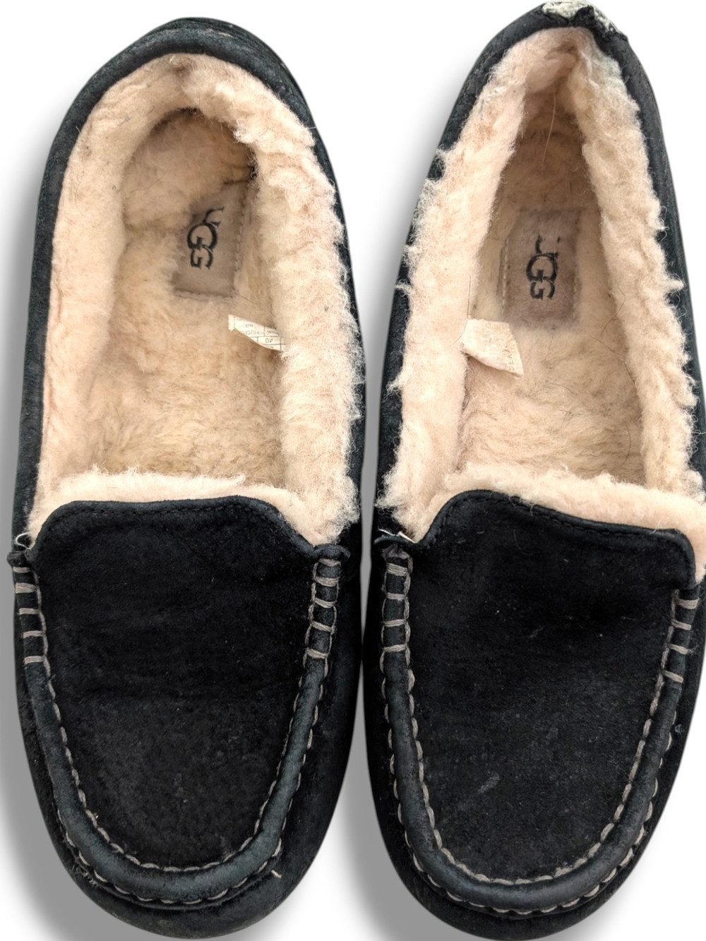 UGG Ansley Slippers, Black Leather Moccasin Style, Sherpa, Size 9 - Picture 4 of 9